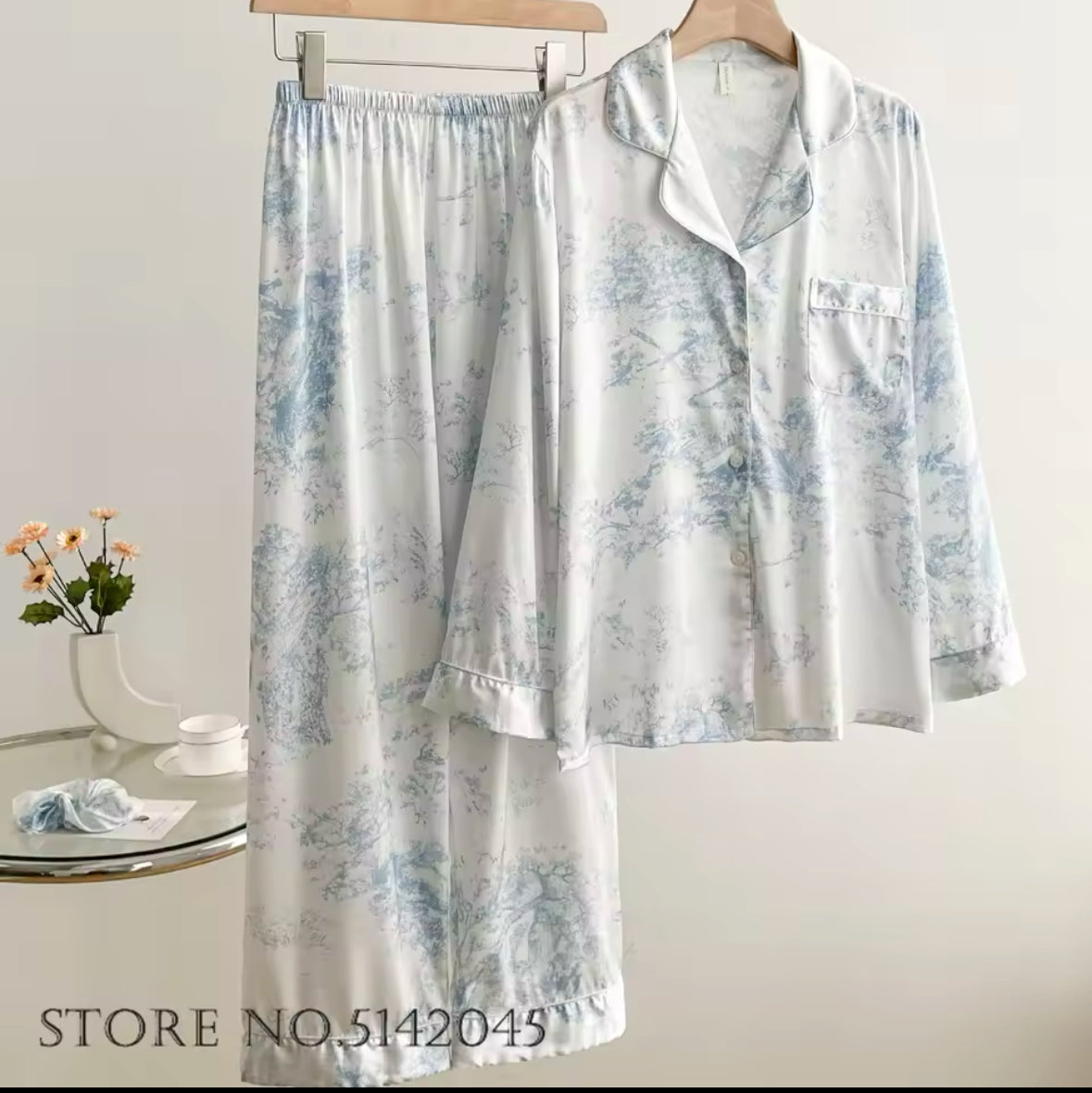 Fashionable Floral Print 2PCS Pajama Set for Women – Comfortable Satin Sleepwear, Spring & Summer Lounge Wear, Loose Fit Trouser Suit for Relaxing at Home