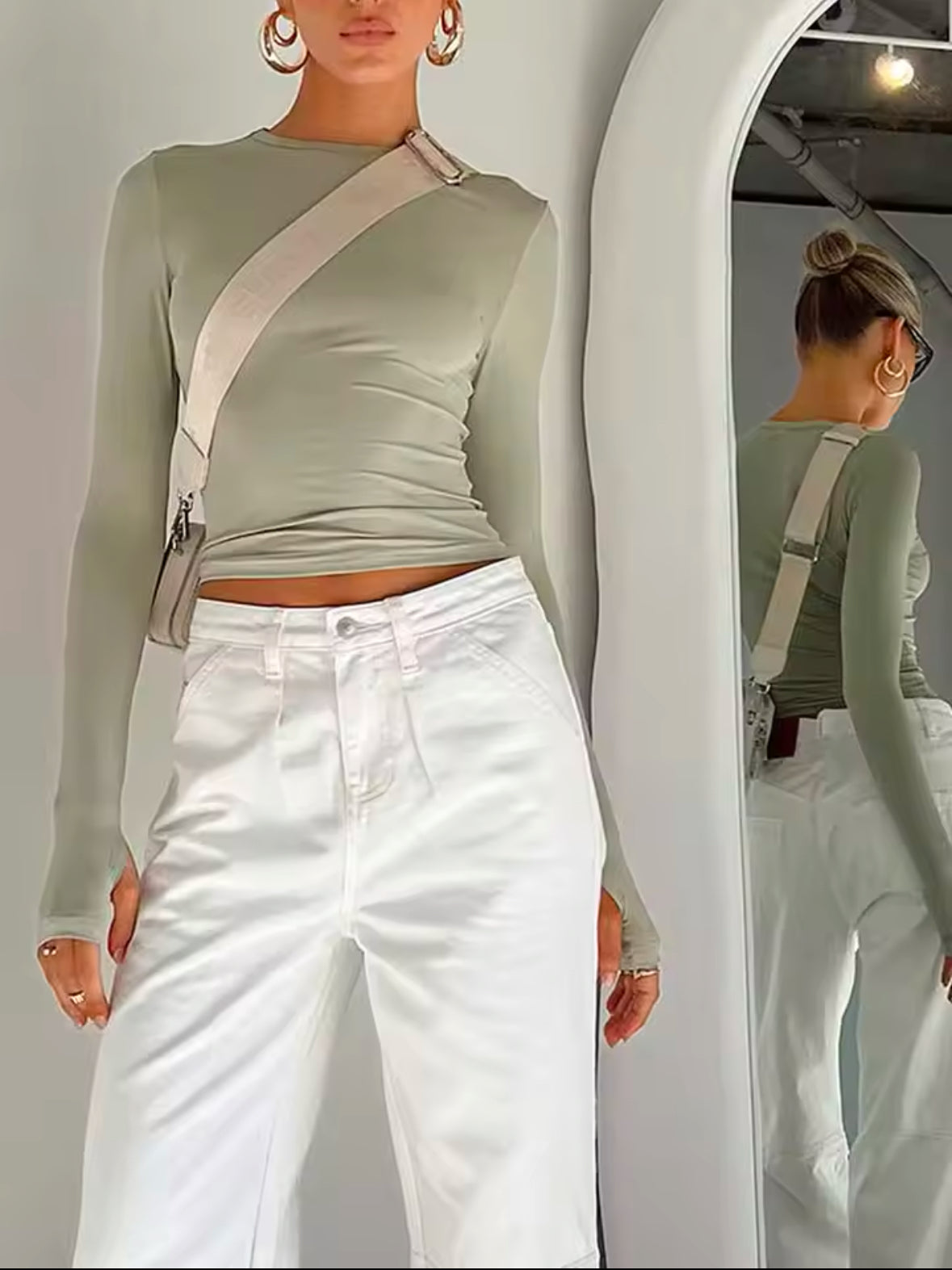 Fashion Women’s Long Sleeve Crew Neck T-shirt – Slim Fit Crop Top with Thumb Holes for Daily Streetwear & Summer Camis