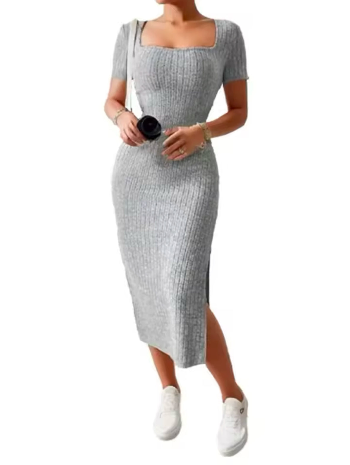 Elegant Summer Knit Dress with Square Neck and Side Slit – Slim Fit, Mid-Length, Short Sleeve for a Chic Feminine Look