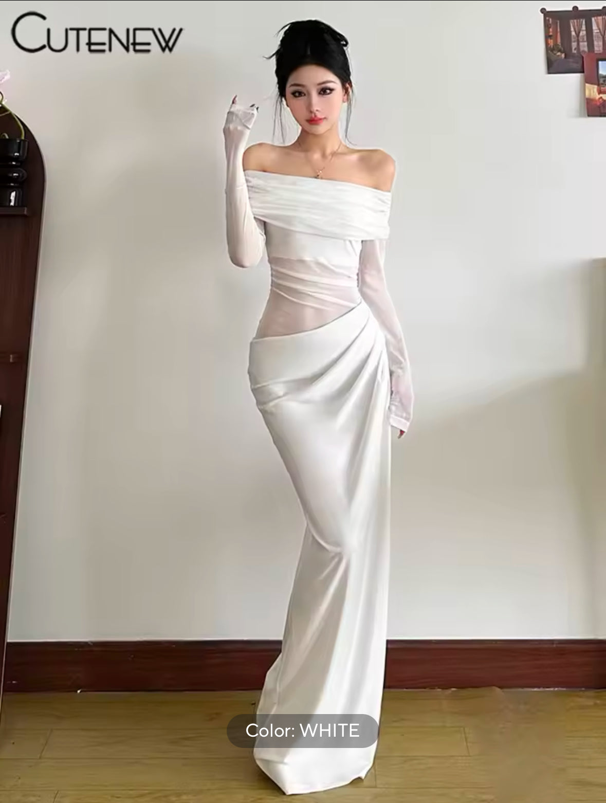 Sexy Mesh Ruched Maxi Dress for Women – Off Shoulder Sheer Long Sleeve Bodycon Gown for Midnight Parties