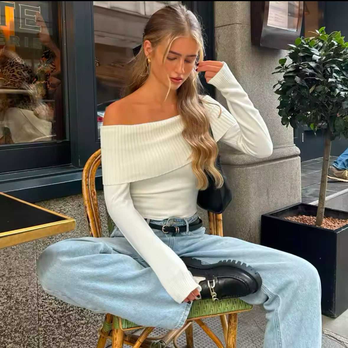 Candyhot Off Shoulder Ribbed Crop Top – Elegant Fall Fashion with Y2K Style, Casual Long Sleeve Slim Fit Tee