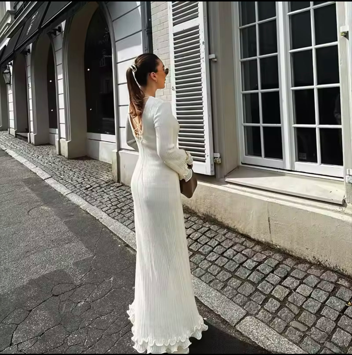 Ruffled Pleated Long Dress for Women – Elegant White Autumn & Winter Fashion, O-Neck Flare Party Dress, Perfect for Streetwear & Parties