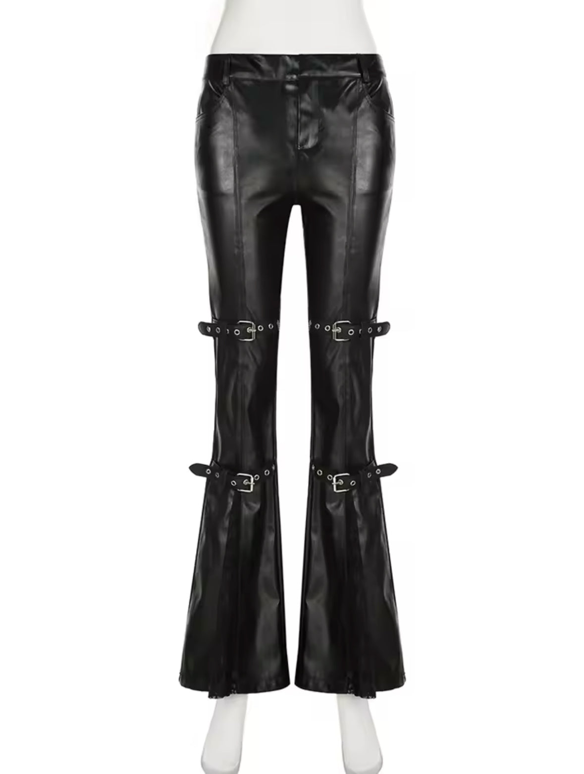 2025 Fashion Flare Pants for Women – Sexy PU Leather Patchwork, Slim Fit, Low-Waisted Streetwear for Autumn & Winter