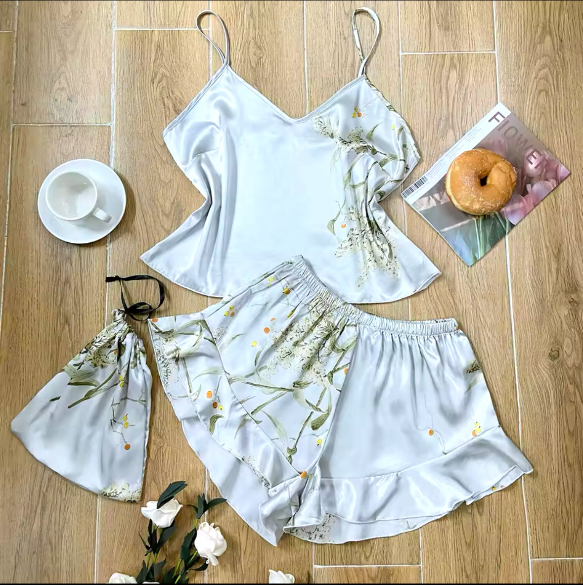 Elegant Floral Cami Pajama Set for Women – Ruffle Hem Shorts & Stylish Sleepwear for Comfortable Loungewear