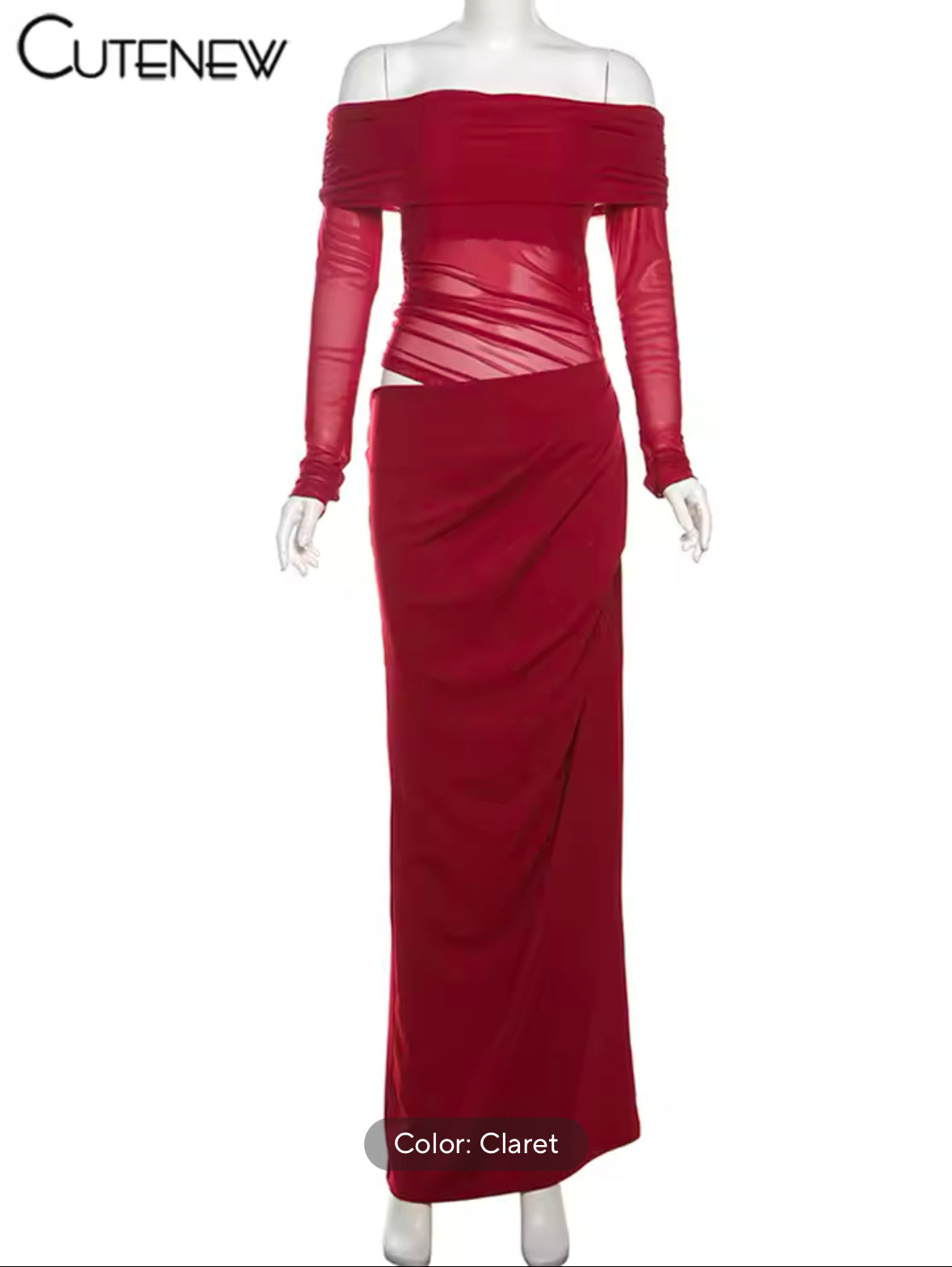 Sexy Mesh Ruched Maxi Dress for Women – Off Shoulder Sheer Long Sleeve Bodycon Gown for Midnight Parties