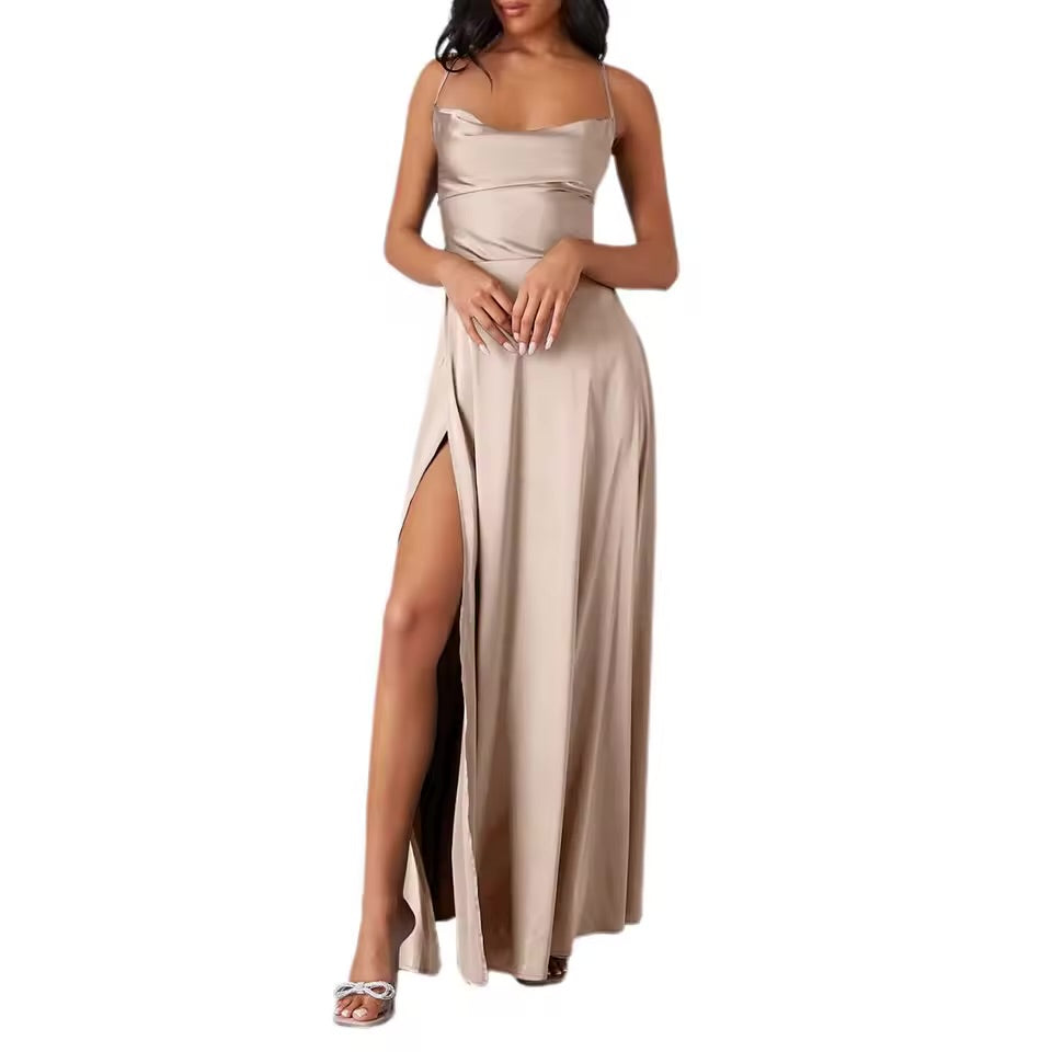 Belle Bridesmaid Dress – Elegant Evening Gown with Cowl Neck, Side Slit & Spaghetti Straps | Formal Prom, Wedding Guest & Graduation Dress