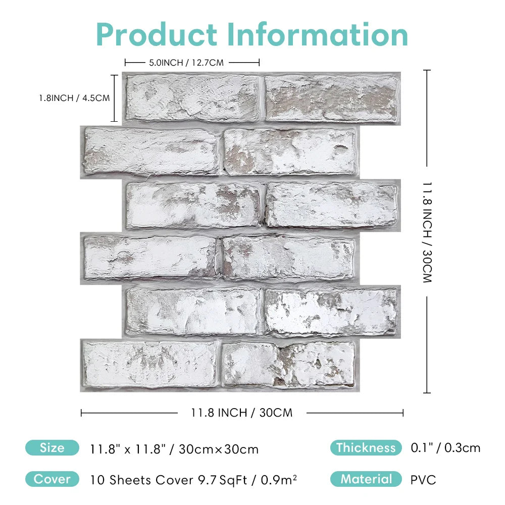 3D Tile Stickers, 3D Whitewash Brick Textures, Matte, 30cm x 30cm, Water and Mold Resistant, for Living Room Kitchen Wall Update - UltraChic