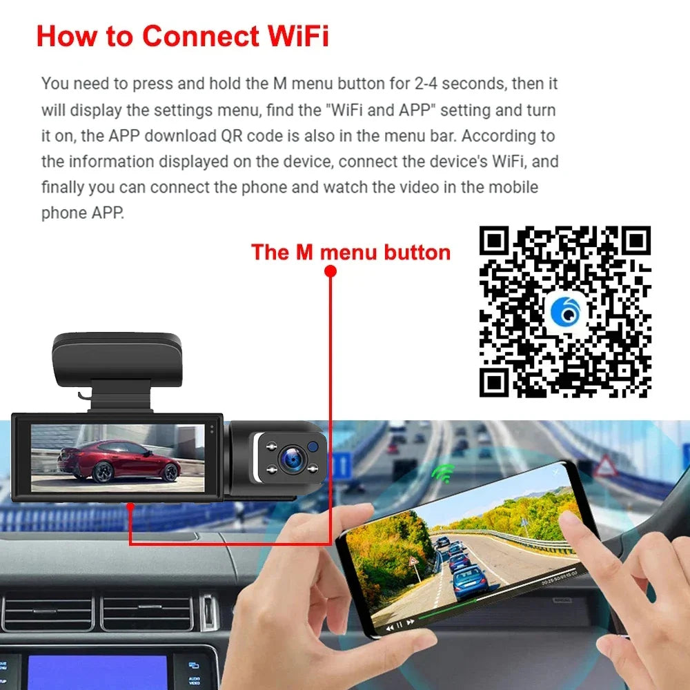New 1080P Wide Angle WIFI App Control Dual Camera Dash Cam (Front & Inside) with IR Night Vision & Loop Recording! - UltraChic