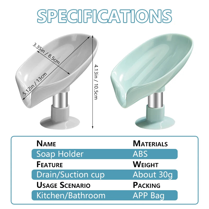 Leaf Shape Soap Holder with Suction Cup – Drainage Soap Dish for Bathroom, Shower, and Sink – Modern Soap Drainer and Container