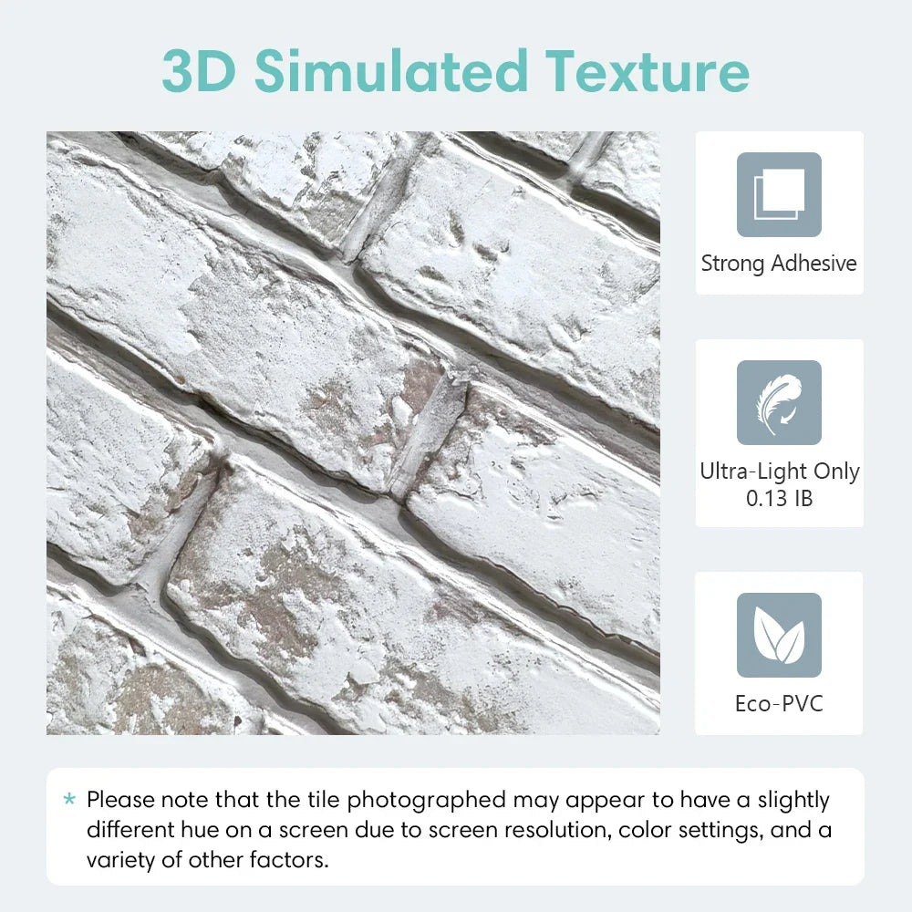 3D Tile Stickers, 3D Whitewash Brick Textures, Matte, 30cm x 30cm, Water and Mold Resistant, for Living Room Kitchen Wall Update - UltraChic