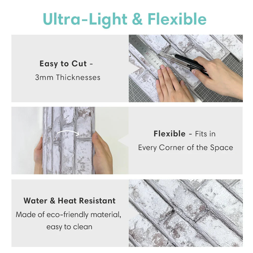 3D Tile Stickers, 3D Whitewash Brick Textures, Matte, 30cm x 30cm, Water and Mold Resistant, for Living Room Kitchen Wall Update - UltraChic