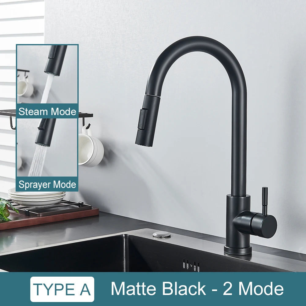 Black Kitchen Faucet Two Function Single Handle Pull Out Mixer Hot and Cold Water Taps Deck Mounted - UltraChic