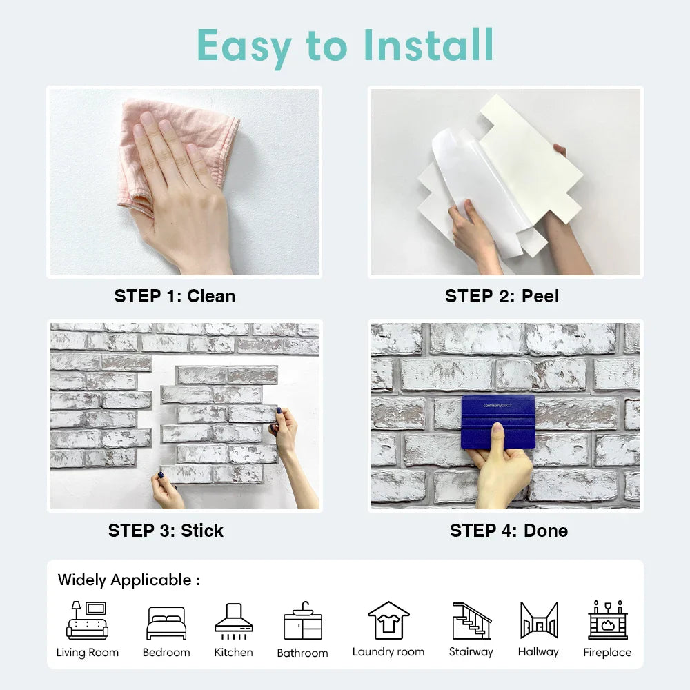 3D Tile Stickers, 3D Whitewash Brick Textures, Matte, 30cm x 30cm, Water and Mold Resistant, for Living Room Kitchen Wall Update - UltraChic