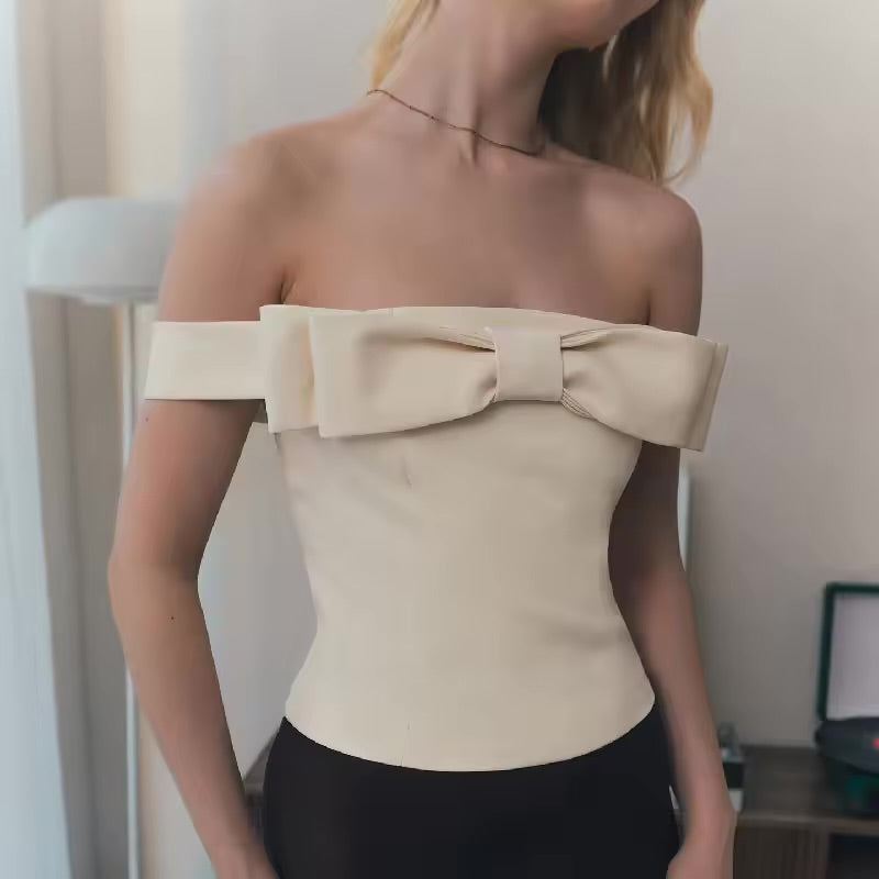 Women’s One Shoulder Bow Tie Short Top – Sexy Lace-Up Backless Slim Fit Summer Tee