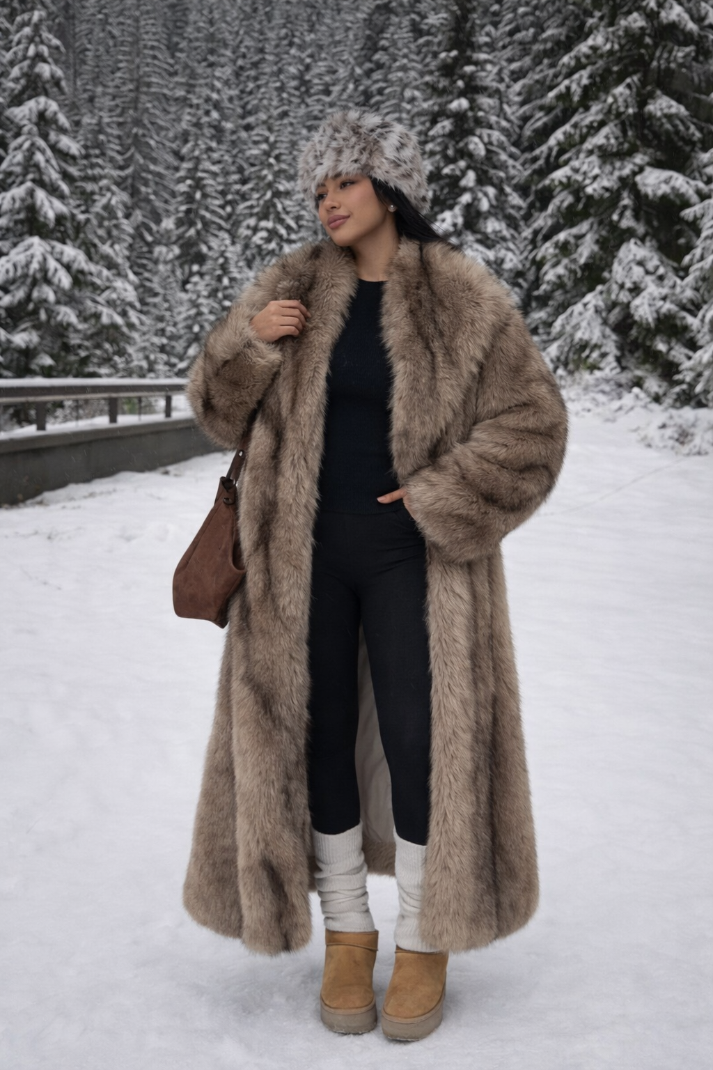 Elegant Winter Style: The Timeless Brown Long Coat with Faux Fur Collar