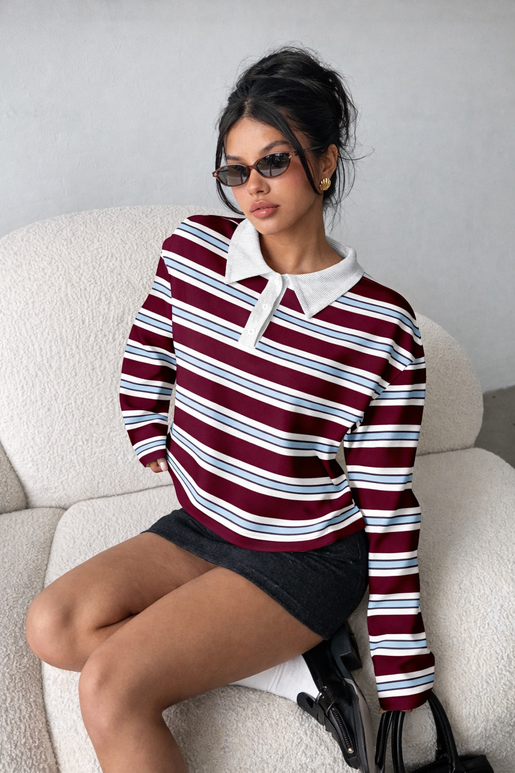 Striped Polo Sweatshirt – Retro 2-in-1 Autumn Winter Casual Top - UltraChic