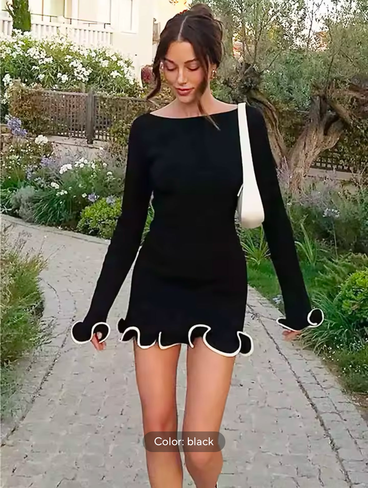 Sexy Ruffled Knitted Skirt for Women – Long Sleeve Solid Color Dress, Perfect for Spring & Summer Fashion