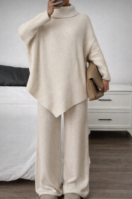 Women’s Turtleneck Oversized Knit Two-Piece Set – Batwing Sweater & Wide Leg Pants Winter Outfit