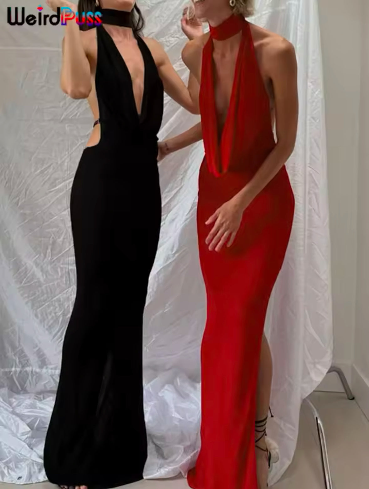 Weird Puss Hollow Halter Dress for Women – Sexy Backless Low-Neck Bodycon Dress with Slits for Midnight Banquets