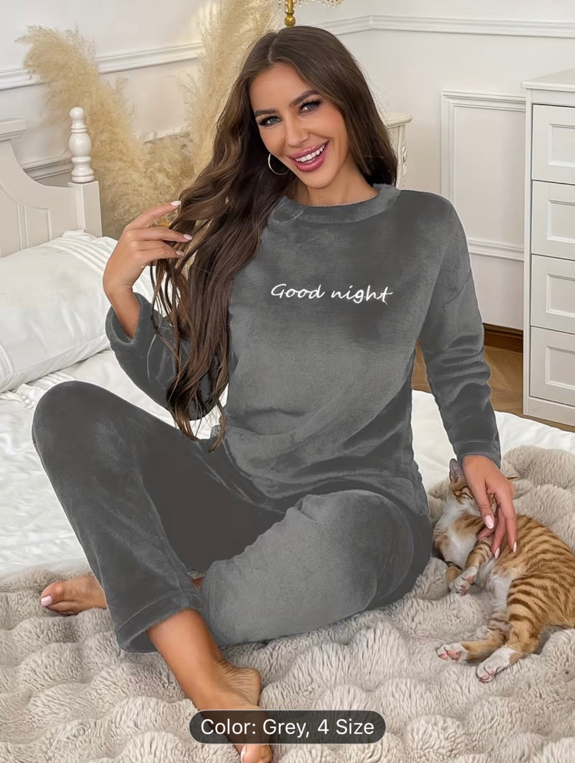 Women’s Autumn/Winter Flannel Coral Fleece Long Sleeve Pajama Set – Comfortable Warm Loungewear with Letter Embroidery, Casual Home Sleepwear Black - UltraChic