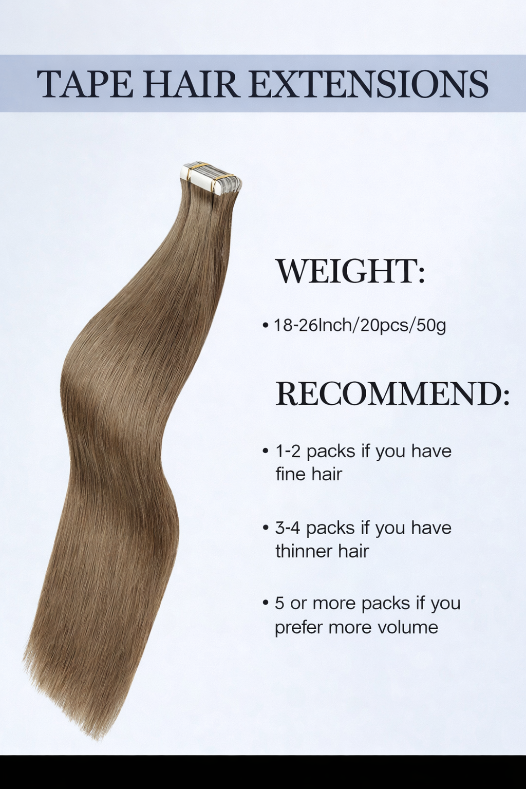 Tape In Human Hair Extensions Remy – Medium Ash Brown Seamless Straight Tape Hair Extensions for Women