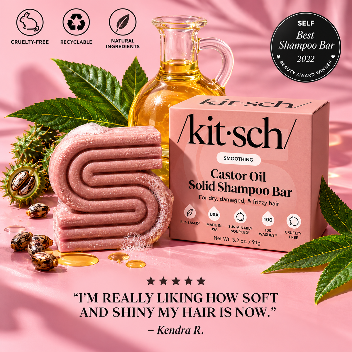 Kitsch Castor Oil Shampoo Bar for Dry & Damaged Hair – Nourishing Solid Shampoo, 91g