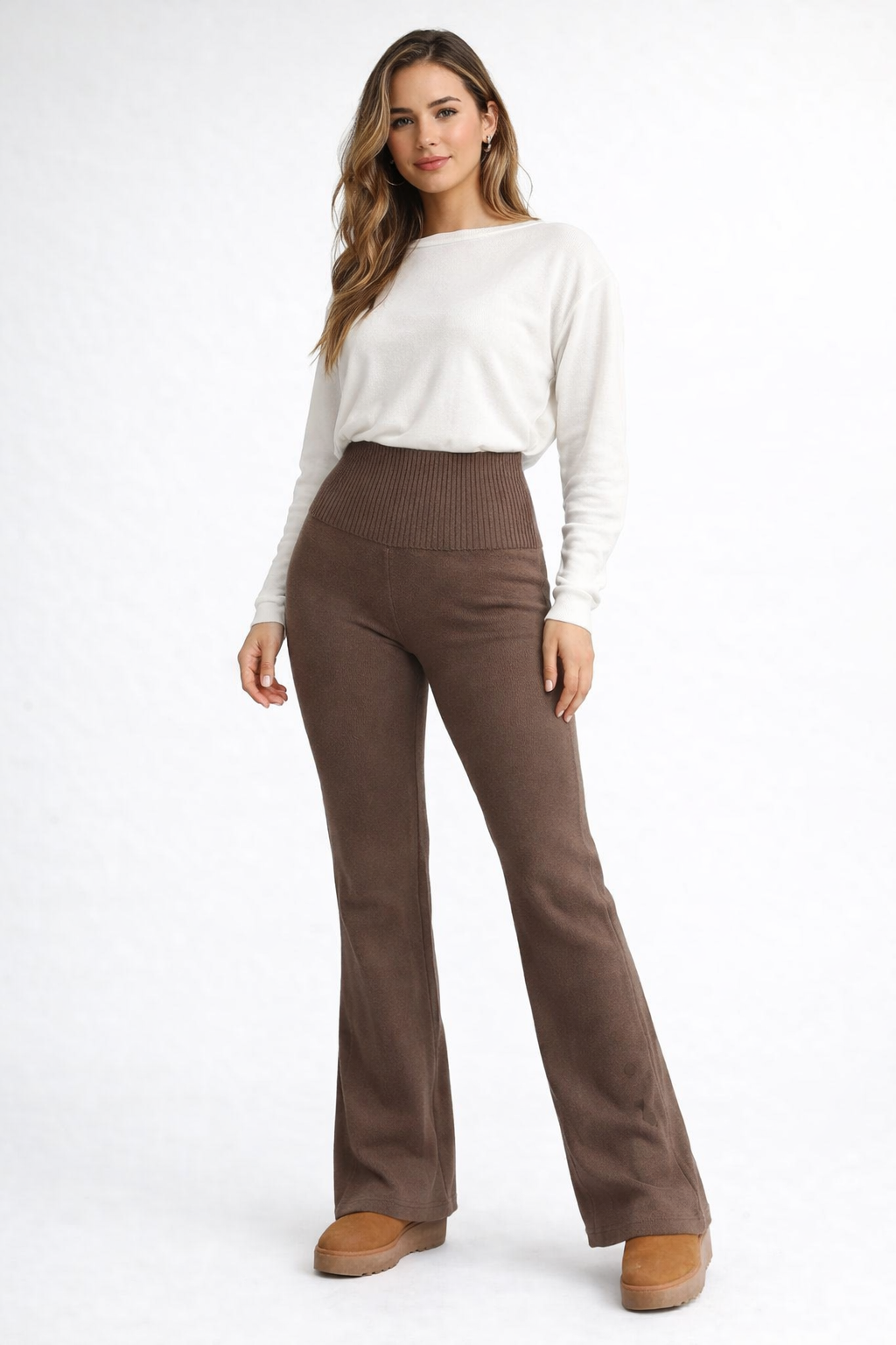 Apricot High Waist Flared Knit Pants – Minimalist Fall Winter Women Trousers - UltraChic