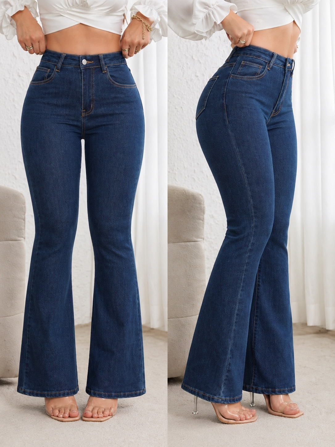 Flare Denim Jeans High Waist Curve Enhancing Slim Fit Legs Elongating Elegant Look All Season Women