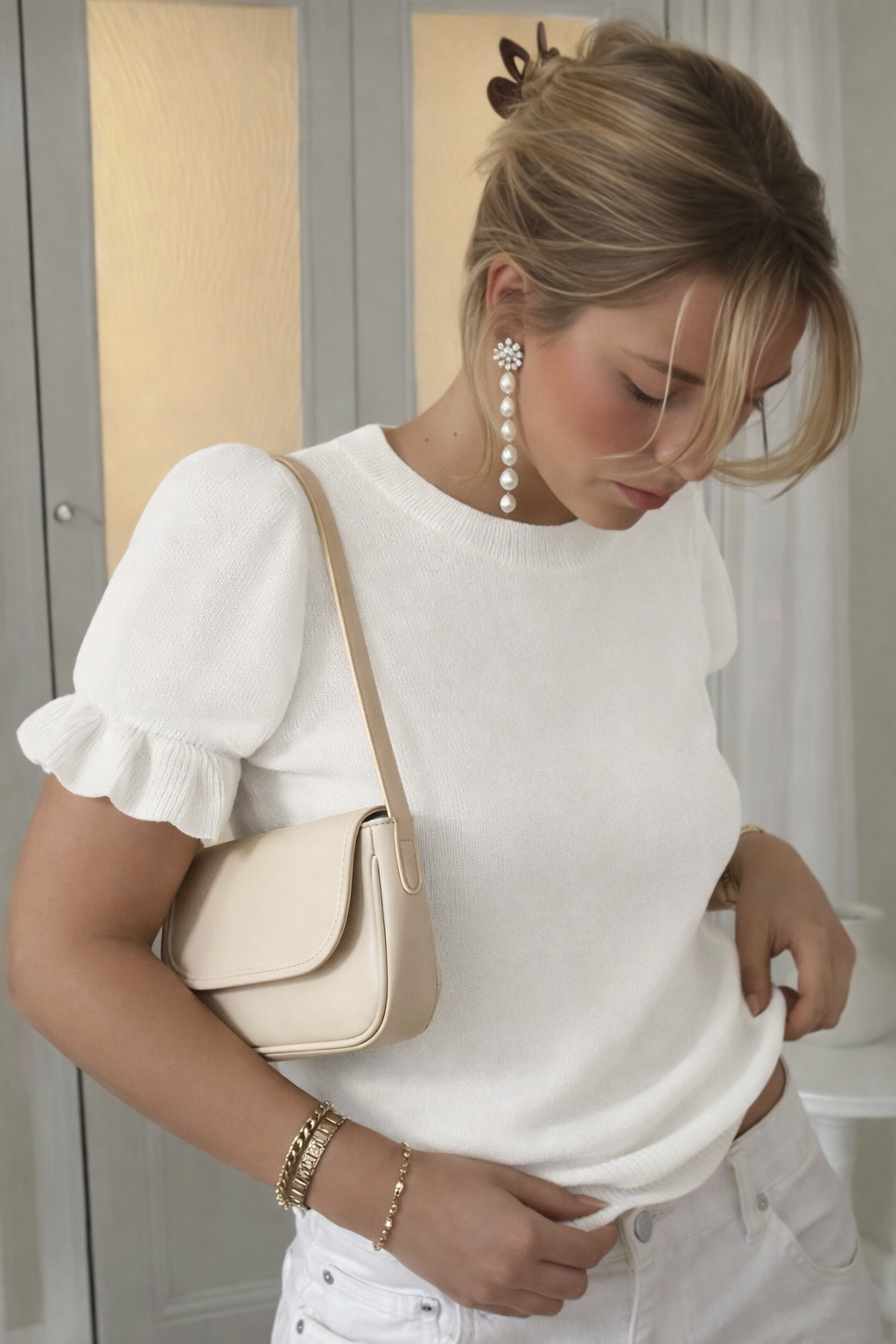 Women’s Wool Blend Ruffle Hem T-Shirt – Casual Spring/Autumn Loose Fit Top