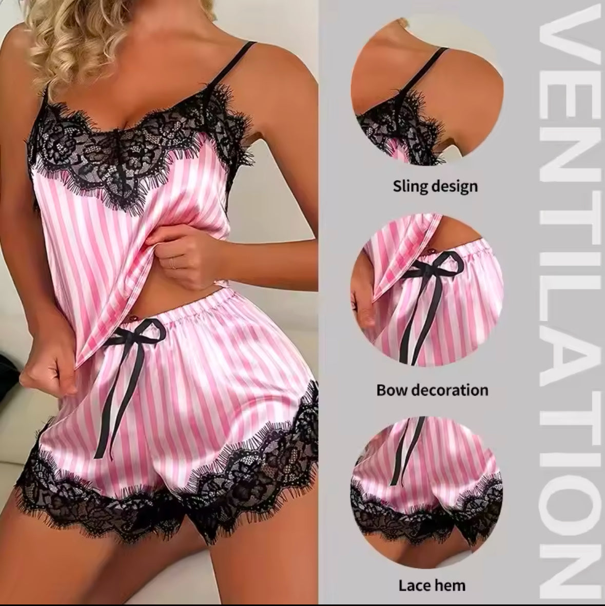 Set of Sexy V-Neck Lace Pajama for Women – Sleeveless & Comfortable Two-Piece Pajama Shorts Set for Relaxation & Sleep