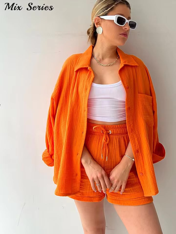 Effortless Elegance – Spring 2025 Pleated Blouse & Lace-Up Shorts Set for the Modern Muse