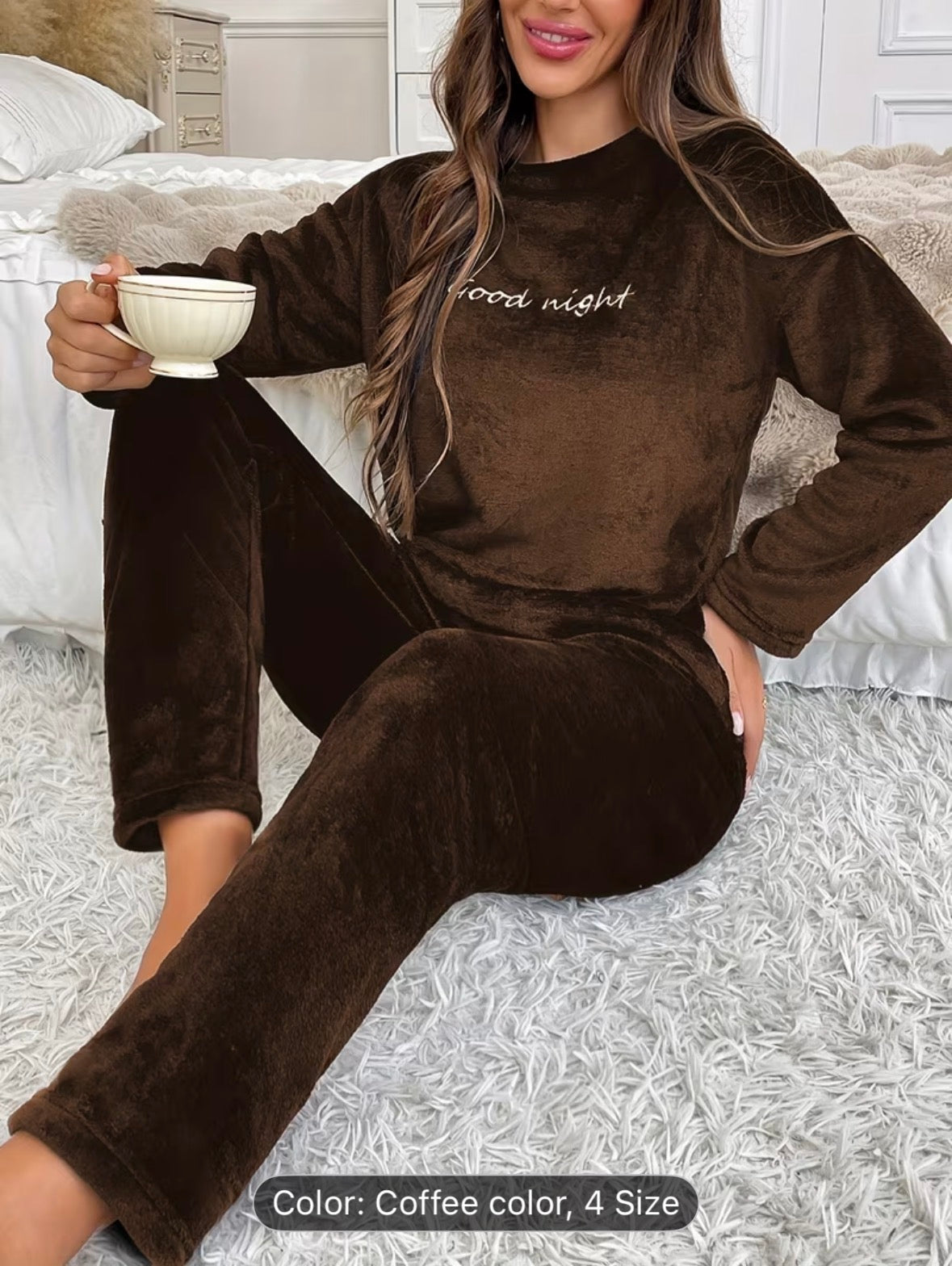 Women’s Autumn/Winter Flannel Coral Fleece Long Sleeve Pajama Set – Comfortable Warm Loungewear with Letter Embroidery, Casual Home Sleepwear Black - UltraChic