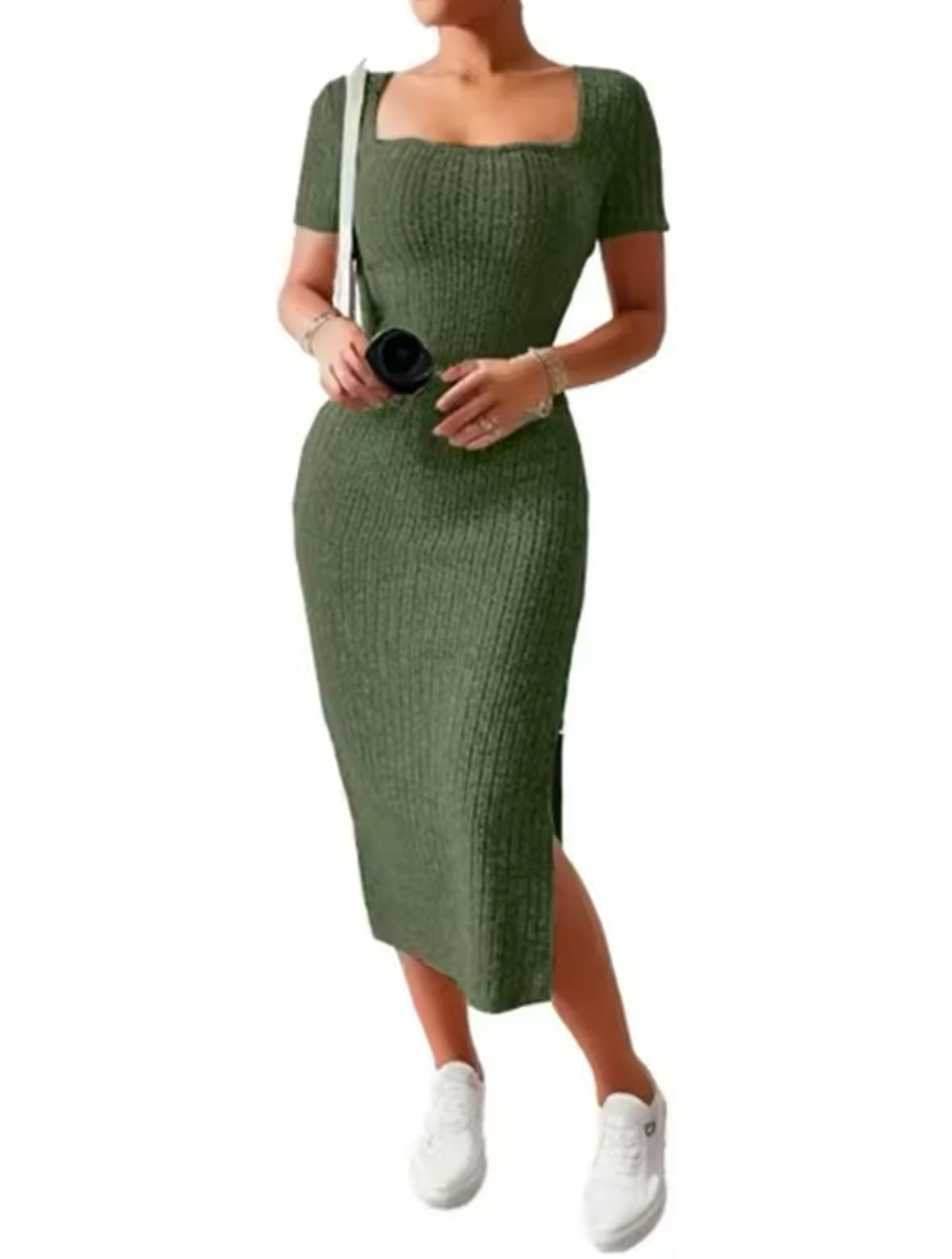 Elegant Summer Knit Dress with Square Neck and Side Slit – Slim Fit, Mid-Length, Short Sleeve for a Chic Feminine Look
