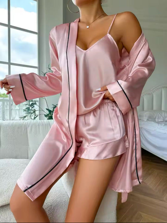Simple Satin Pajama Set for Women – Long Sleeve Belted Robe, V-Neck Cami Top & Shorts for Comfortable Sleepwear