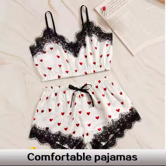 2PCS Satin Pajama Set for Women – Sexy V-Neck Lingerie with Lace & Bowknot, Stretchy Sleepwear for Comfortable & Stylish Nights