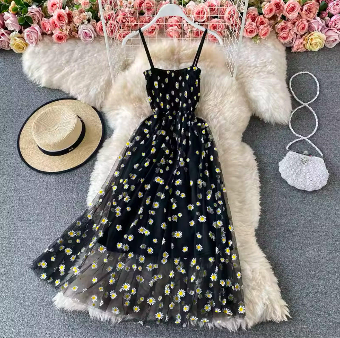 Floral Casual Dresses for Women – Sleeveless Spaghetti Strap Backless Mid-Length Dress, Free Size, Perfect for Summer, Black & Pink Skin Tone