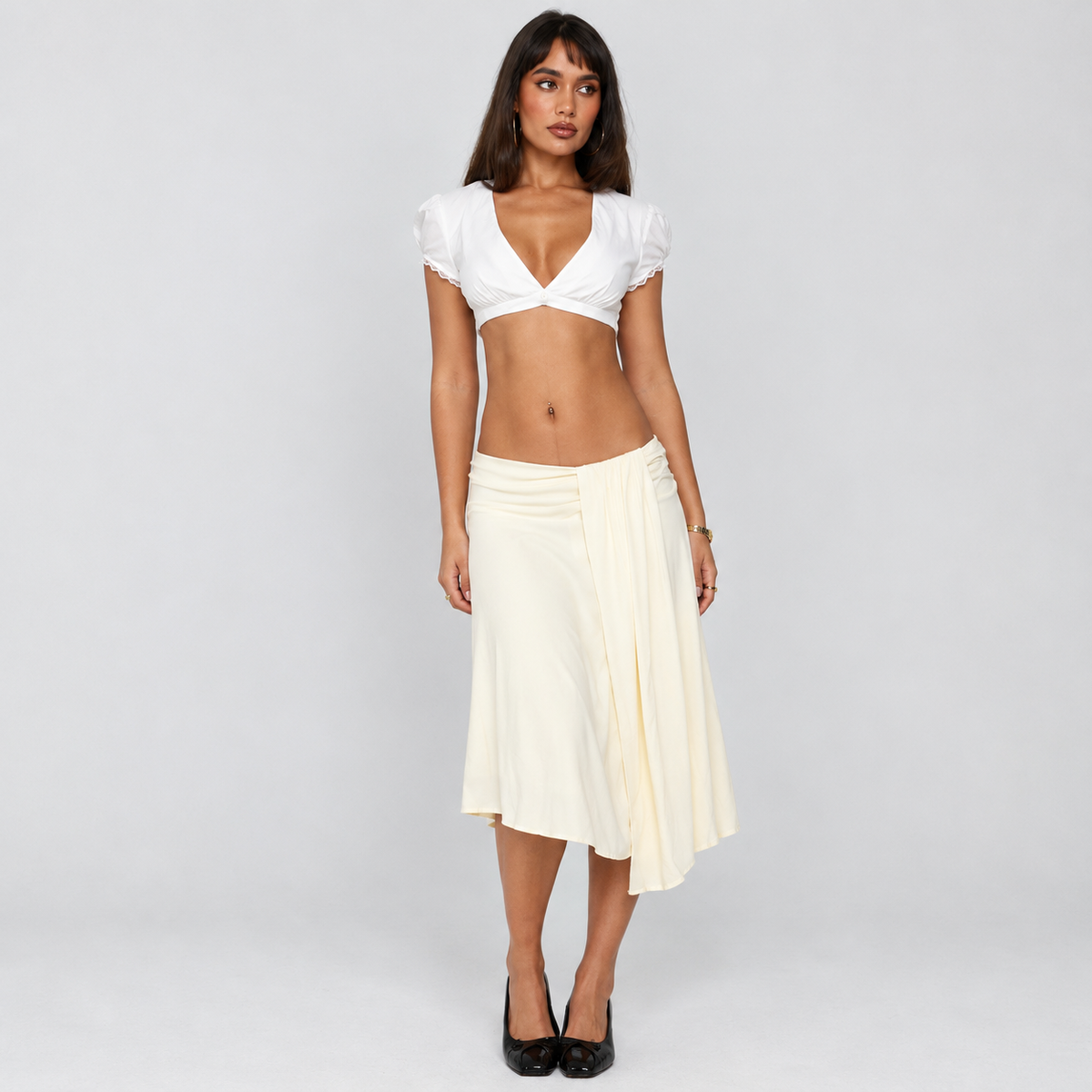 Delliah White Micro Crop Top – Puff Sleeve Lace Trim Blouse