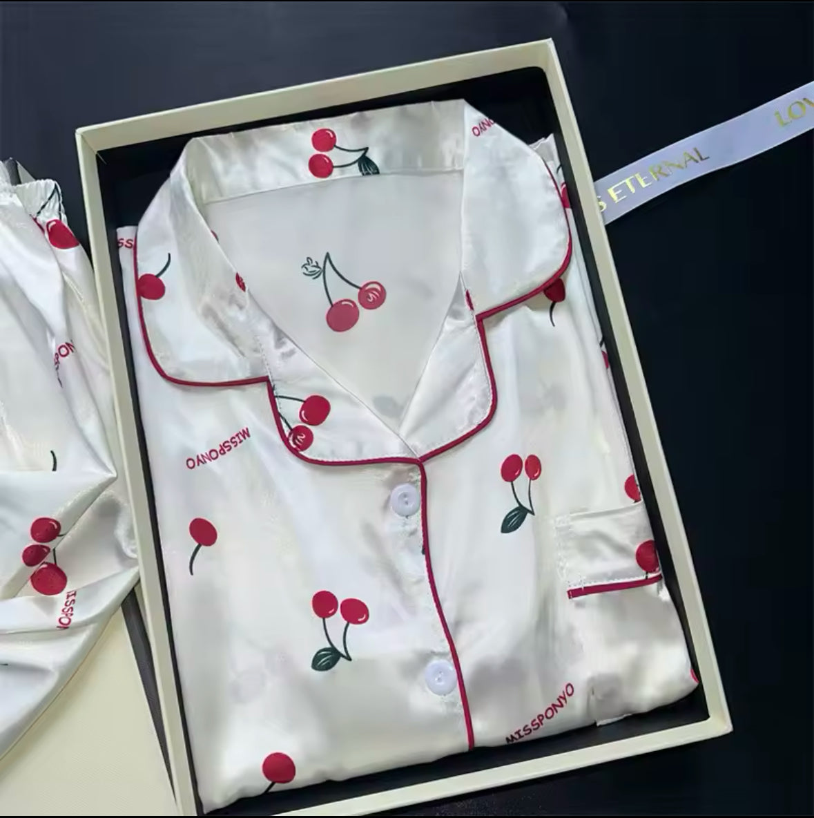 Cherry Print Summer Pajama Set for Women – 2-Piece Faux Satin Sleepwear with Casual Shorts & Top for Stylish Home Comfort