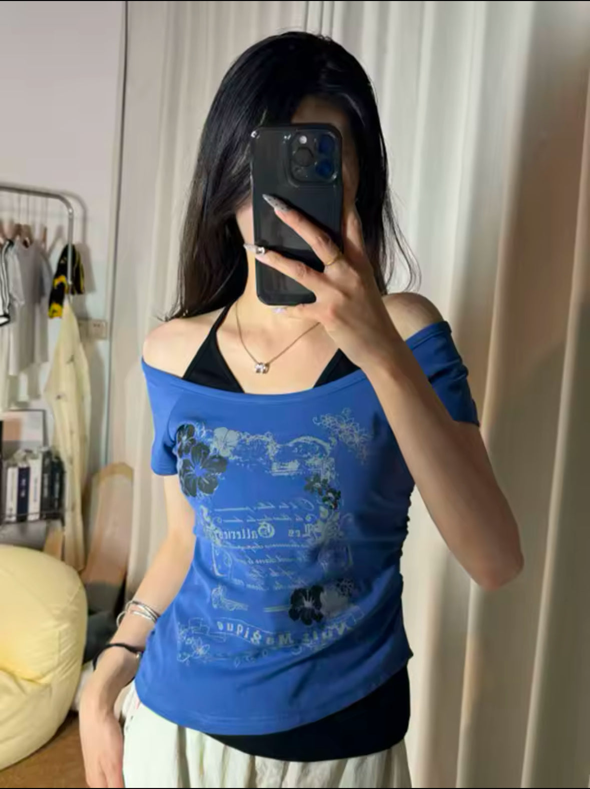 Vintage Y2K Lace-Up Halter Top – Off Shoulder Slim Fit T-Shirt for Women with Trendy Print Design
