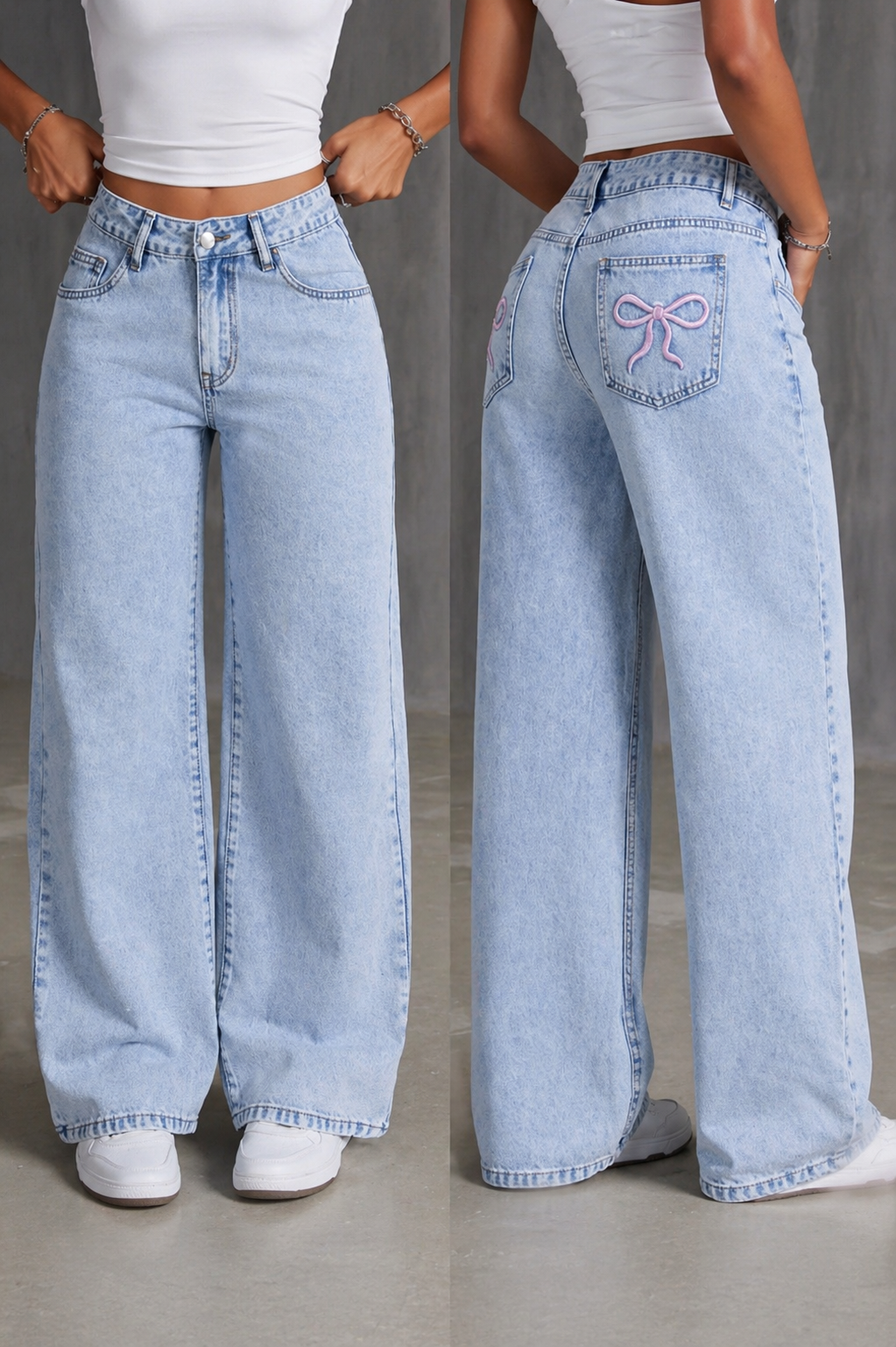 Wide Leg Jeans Embroidered Bow Cute Trendy Look Spring Summer Women