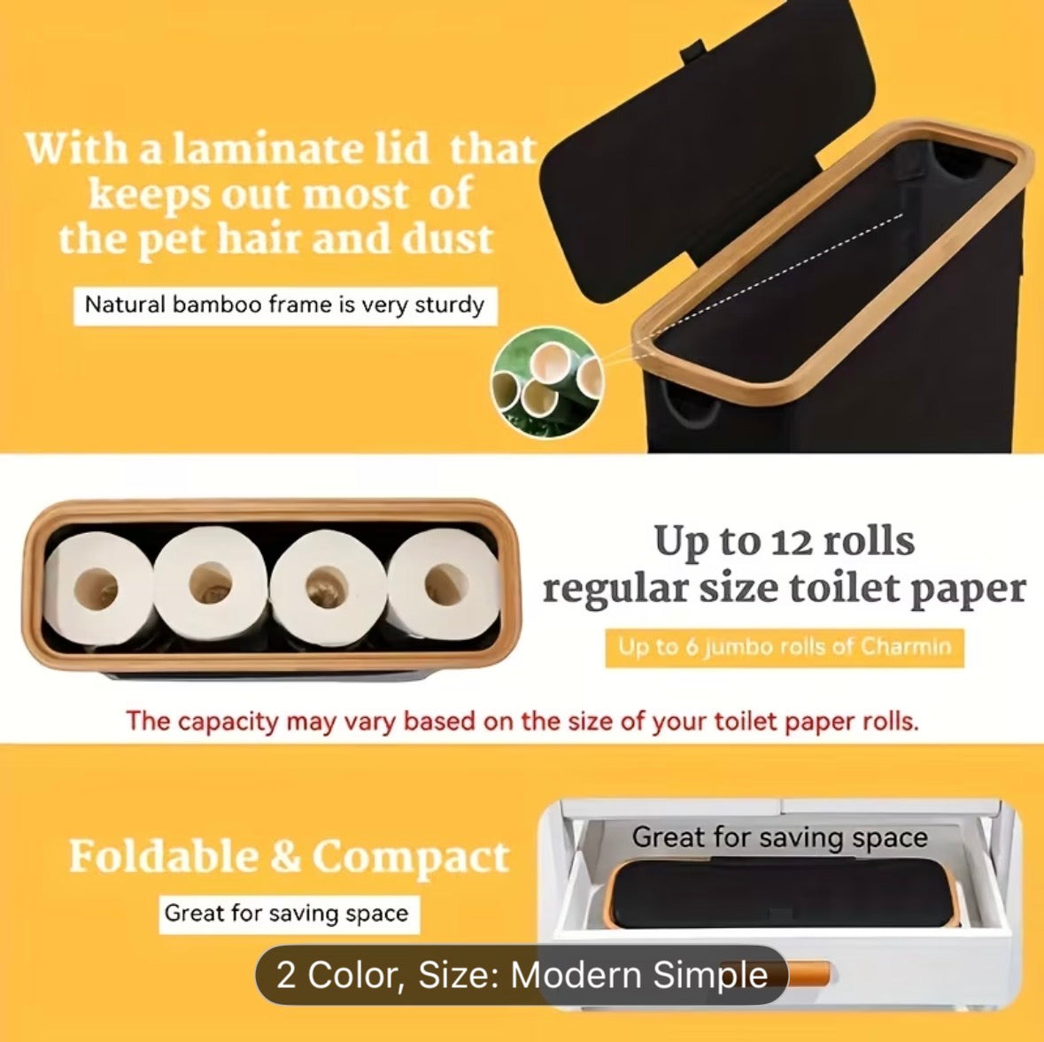 Large Capacity Toilet Paper Holder with Lid – Foldable Space-Saving Wood Frame with Gray Fabric, Modern Bathroom Storage Container, No Installation Needed