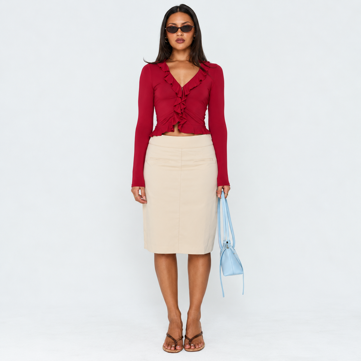 Women’s Beige Pencil Midi Skirt – High Waist Cotton Skirt - UltraChic