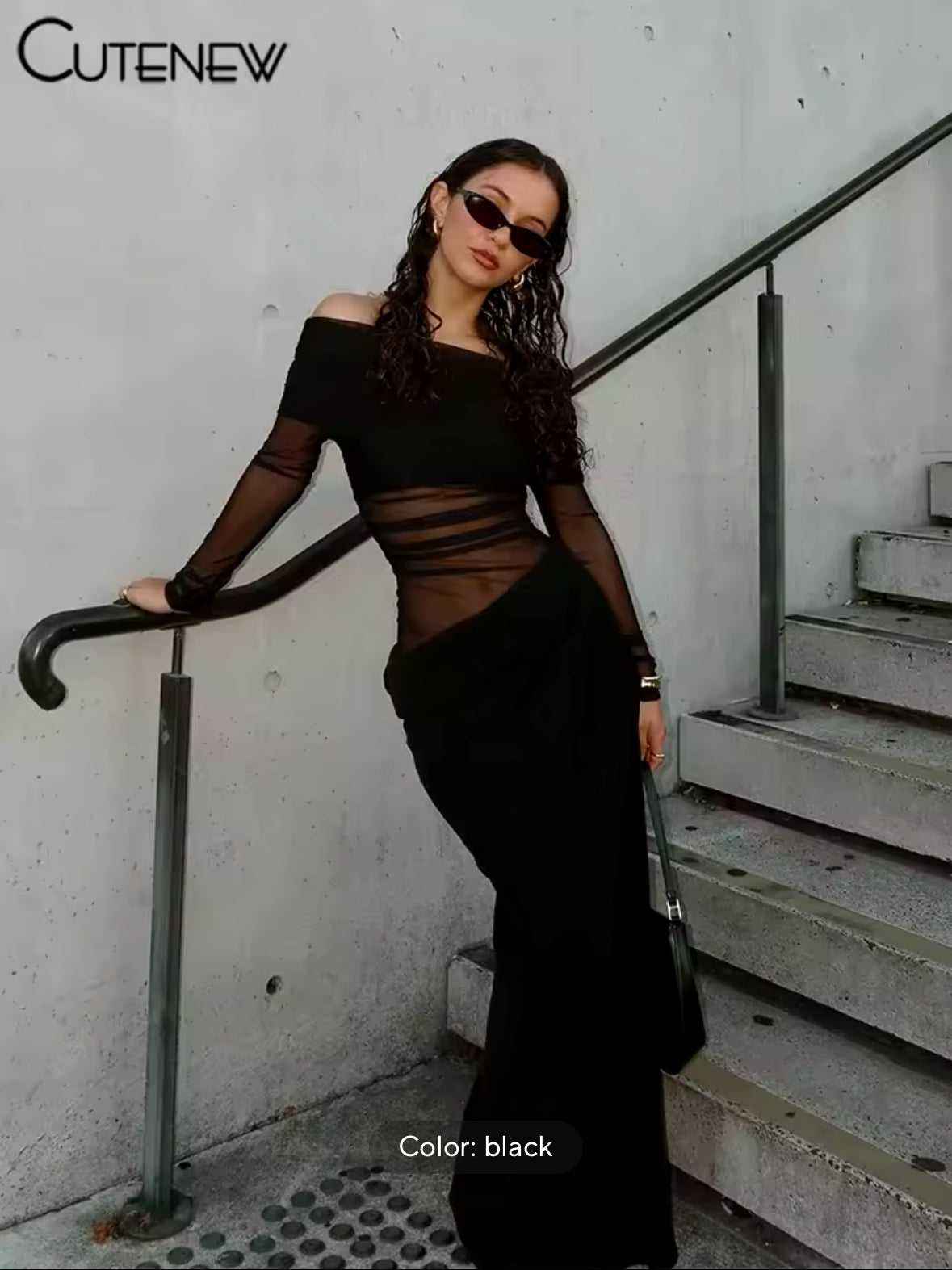 Sexy Mesh Ruched Maxi Dress for Women – Off Shoulder Sheer Long Sleeve Bodycon Gown for Midnight Parties