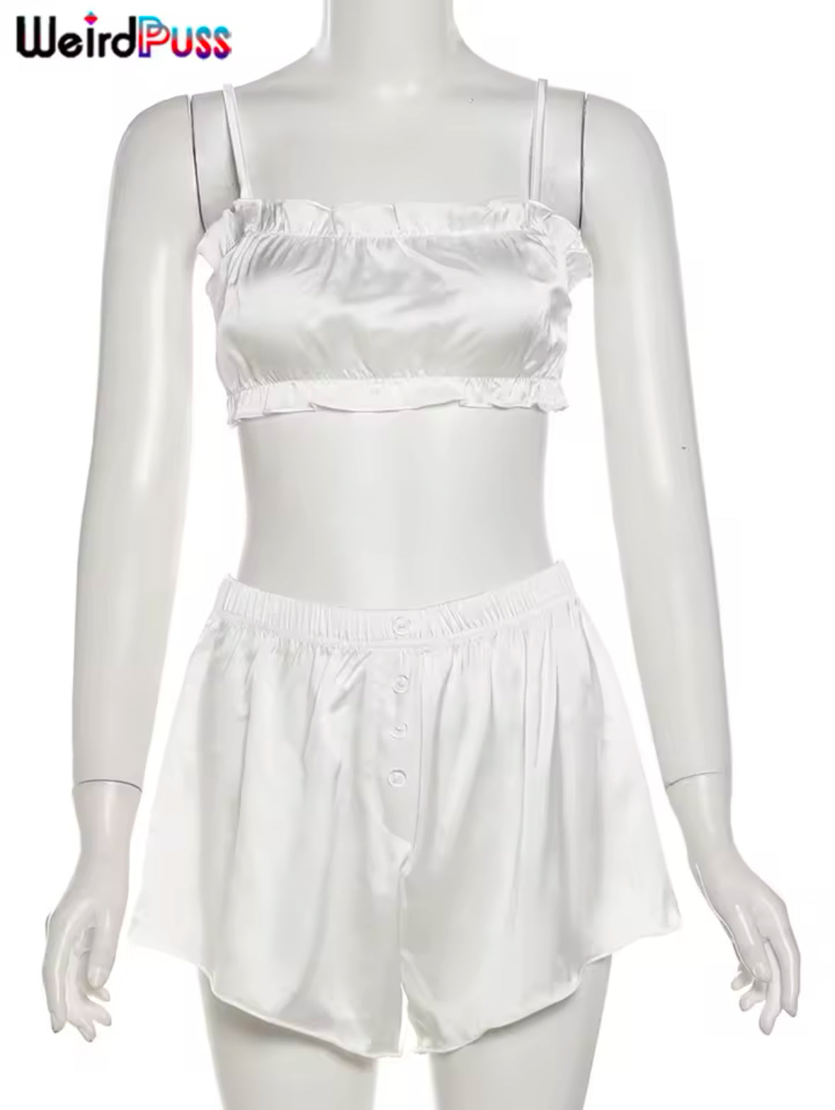 Weird Puss Women’s 2-Piece Set – Silky Sleeveless Camisole & Button Shorts | Elegant Casual Streetwear Outfit