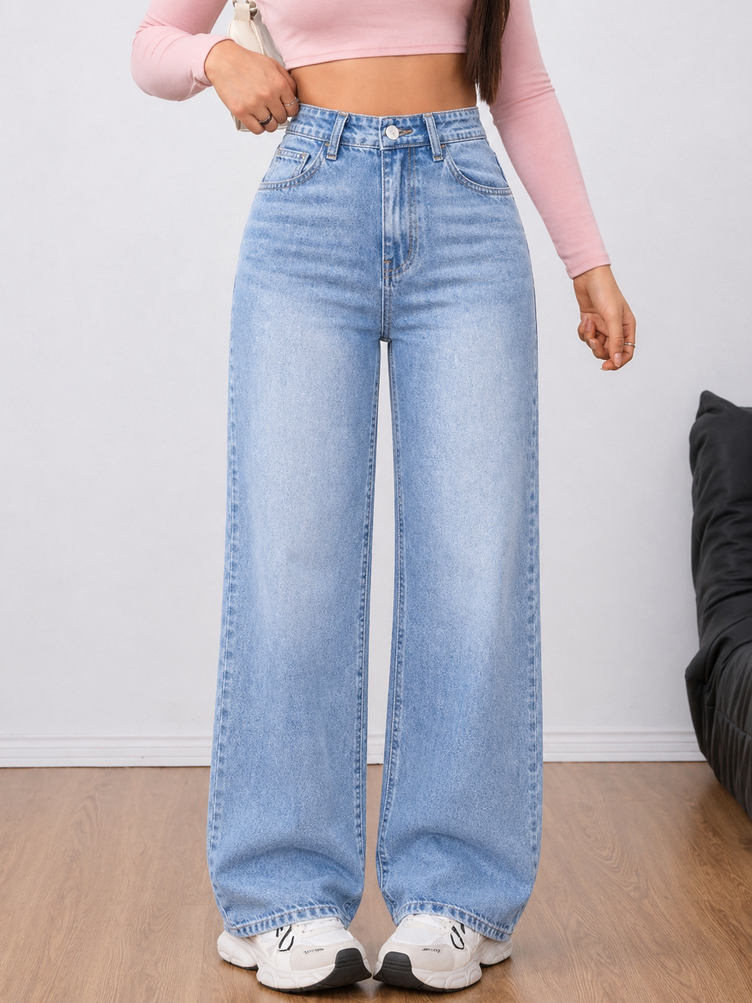 Wide Leg Denim Jeans Thick Cotton Fabric Flattering Silhouette All Season Women
