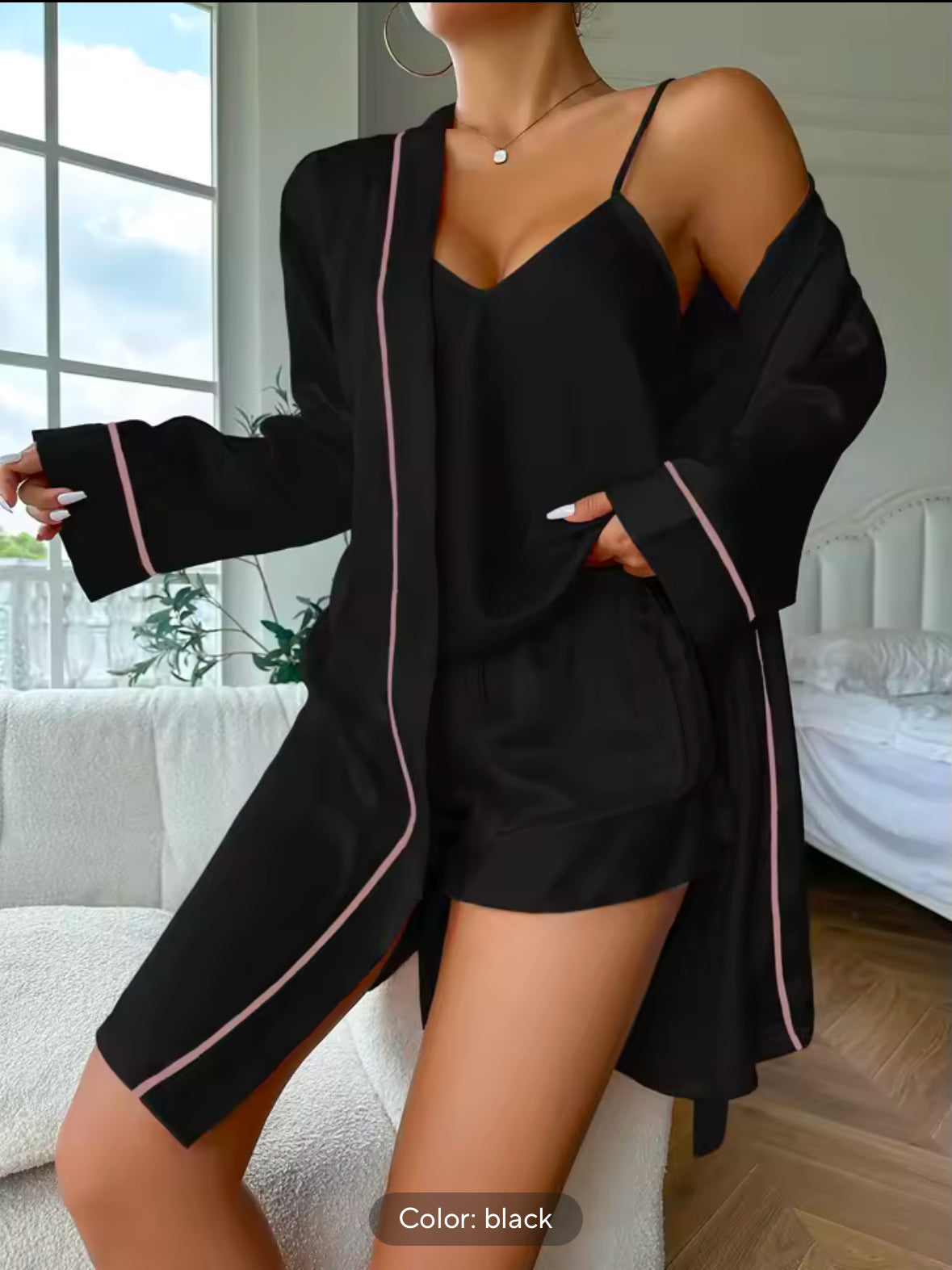 Simple Satin Pajama Set for Women – Long Sleeve Belted Robe, V-Neck Cami Top & Shorts for Comfortable Sleepwear