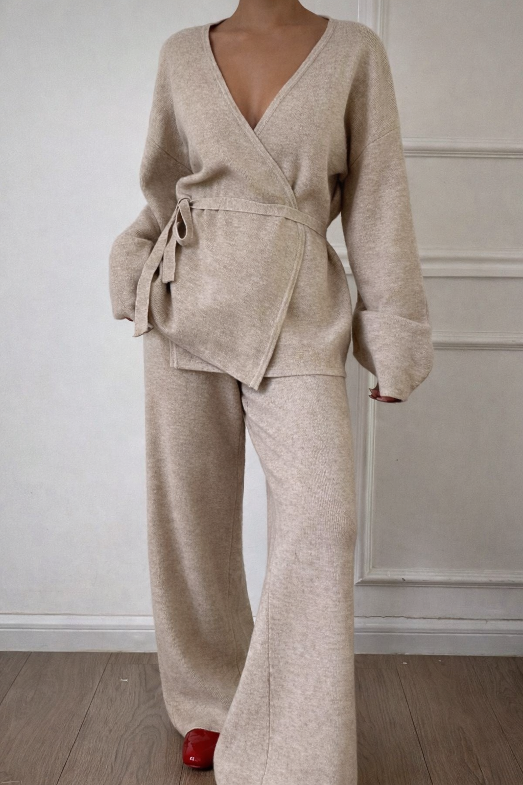 Women’s V-Neck Belted Knit Two-Piece Set – Casual Autumn Commuter Outfit - UltraChic