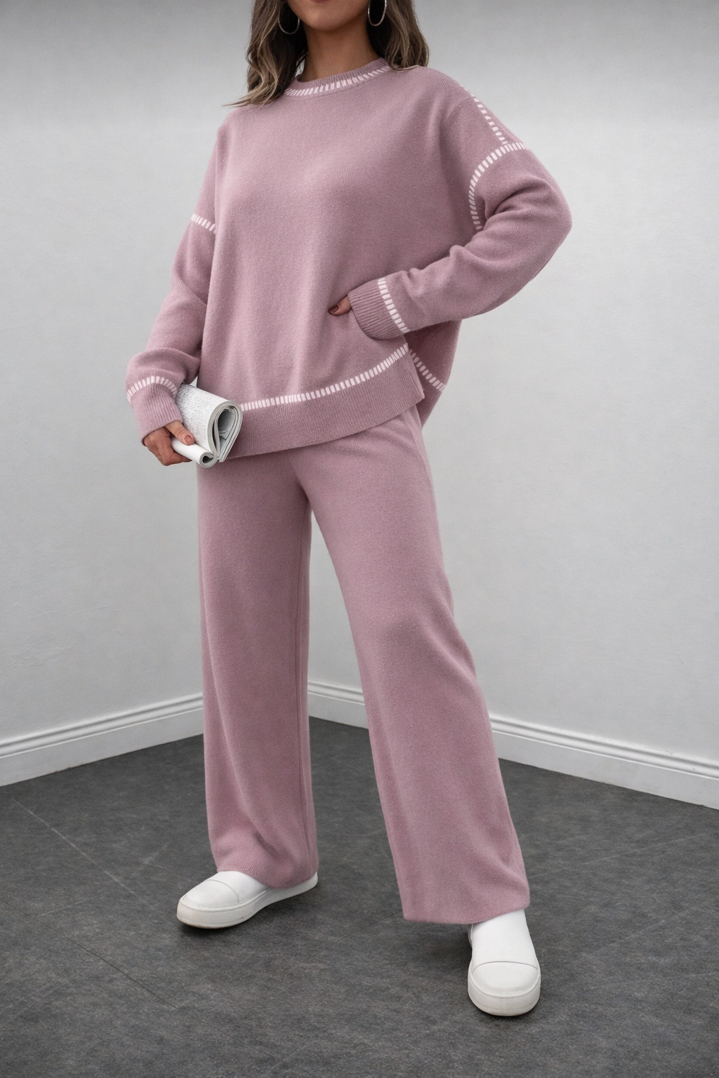 Women’s Contrast Stitch Knit Set – Winter Two-Piece Sweater & Pants Outfit - UltraChic
