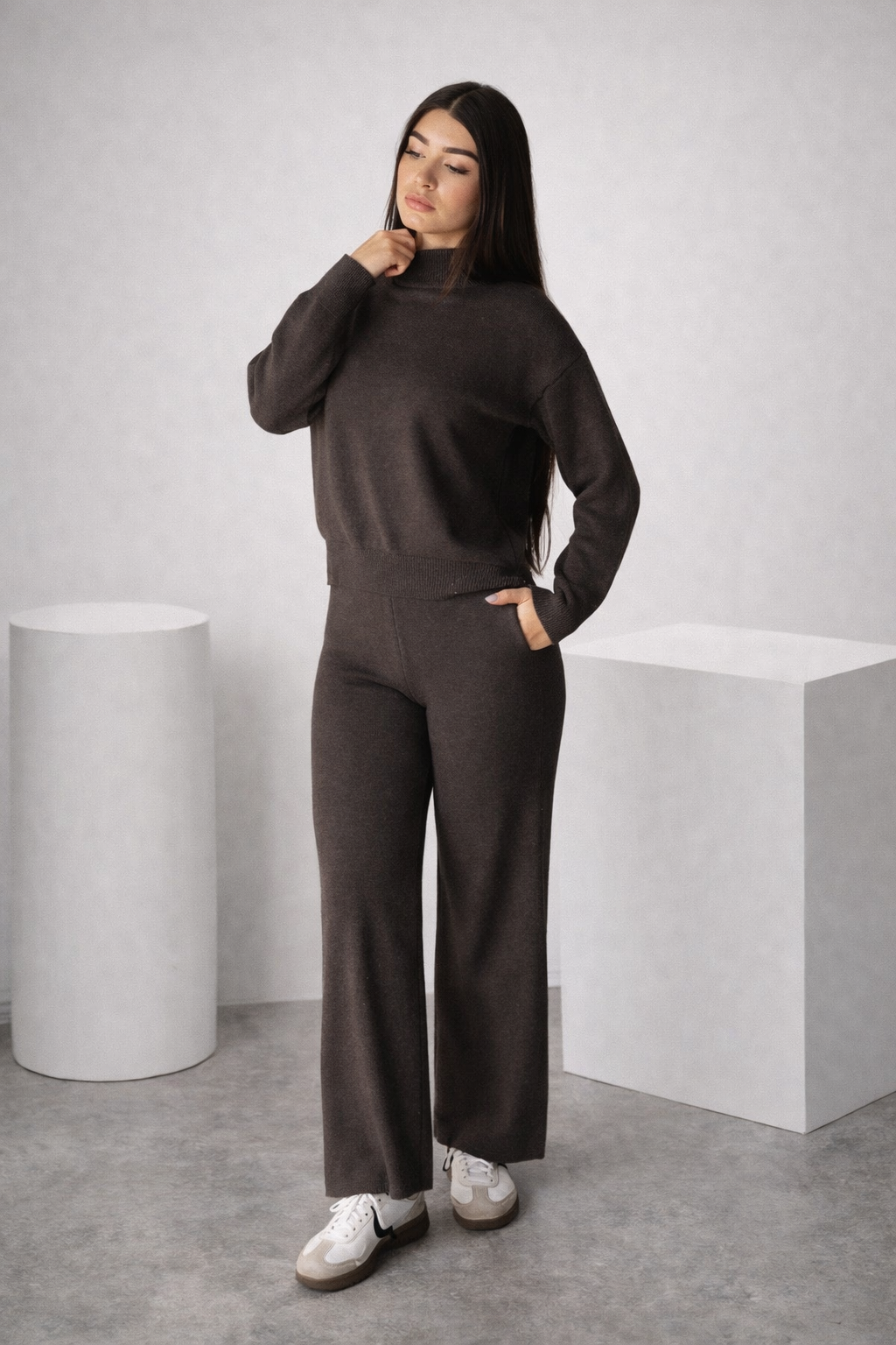 Women’s Loose Knit Sweater & High-Waist Pants Set – Cozy Autumn Winter Loungewear