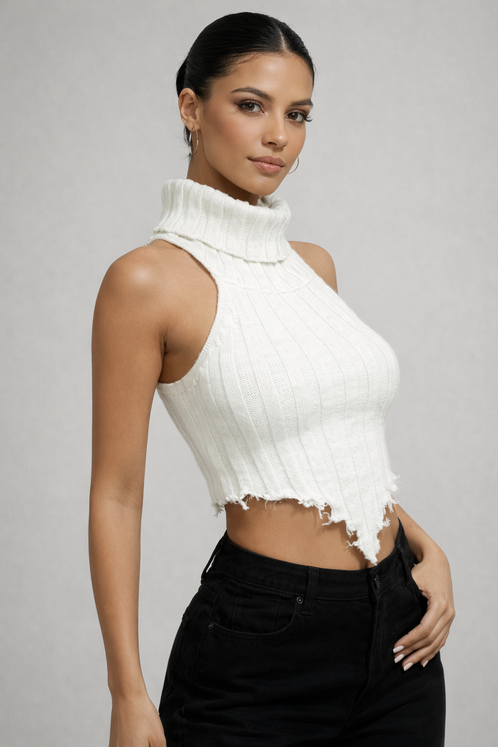 Women’s Y2K White Backless Knit Crop Top – Turtleneck Hanky Hem Party Top - UltraChic